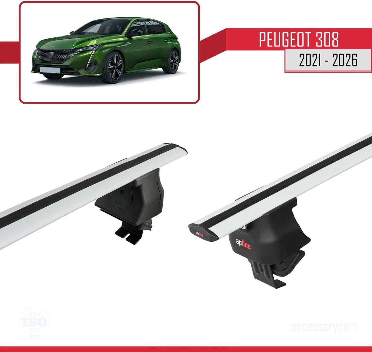 accessorypart Compatible con Peugeot 308 III (P5) 2021-2025 ACE-4 Barras de techo portaequipajes para coche gris aluminio 2 barras