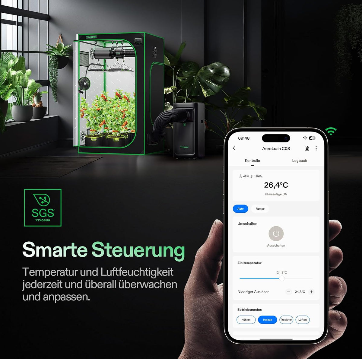Aire acondicionado inteligente VIVOSUN, 7000 BTU, función 4 en 1 con sensor de temperatura y humedad, control remoto inteligente, ideal para tiendas de cultivo e interiores