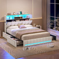 Cama KIMENICH 140x200 cm, estructura de cama doble, cama con iluminación LED, cama tapizada, 4 cajones, estación de carga, marco de metal y cabecero de madera con almacenamiento, para dormitorio, habitación de invitados, blanco + natural