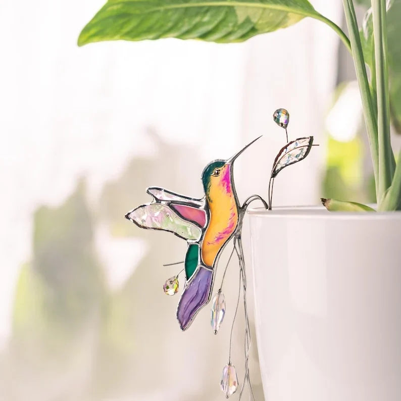 Estaca para plantas con diseño de colibrí de cristal tintado: atrapasoles de cristal, 4 x 17 cm