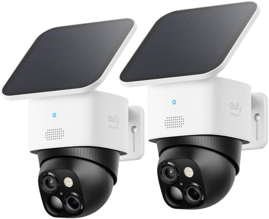 eufy Security SoloCam paquete de 2, cámara de seguridad exterior solar, vigilancia de 360°, sin puntos ciegos, cámara de seguridad exterior con Wi-Fi de 2,4 GHz, uso sin cuotas, compatible con HomeBase 3