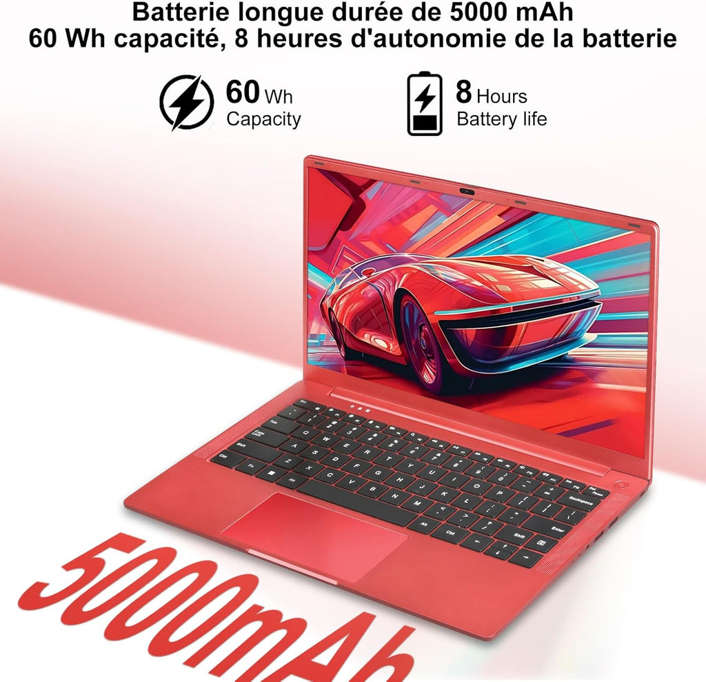 Ordenador portátil de 14 pulgadas Celeron N5095 hasta 2,9 GHz, PC portátil Win11, 8 GB de RAM, SSD de 256 GB, ampliación a 1 TB, portátil con ratón inalámbrico, teclado QWERTY con membrana de teclado AZERTY - Rojo metalizado-1