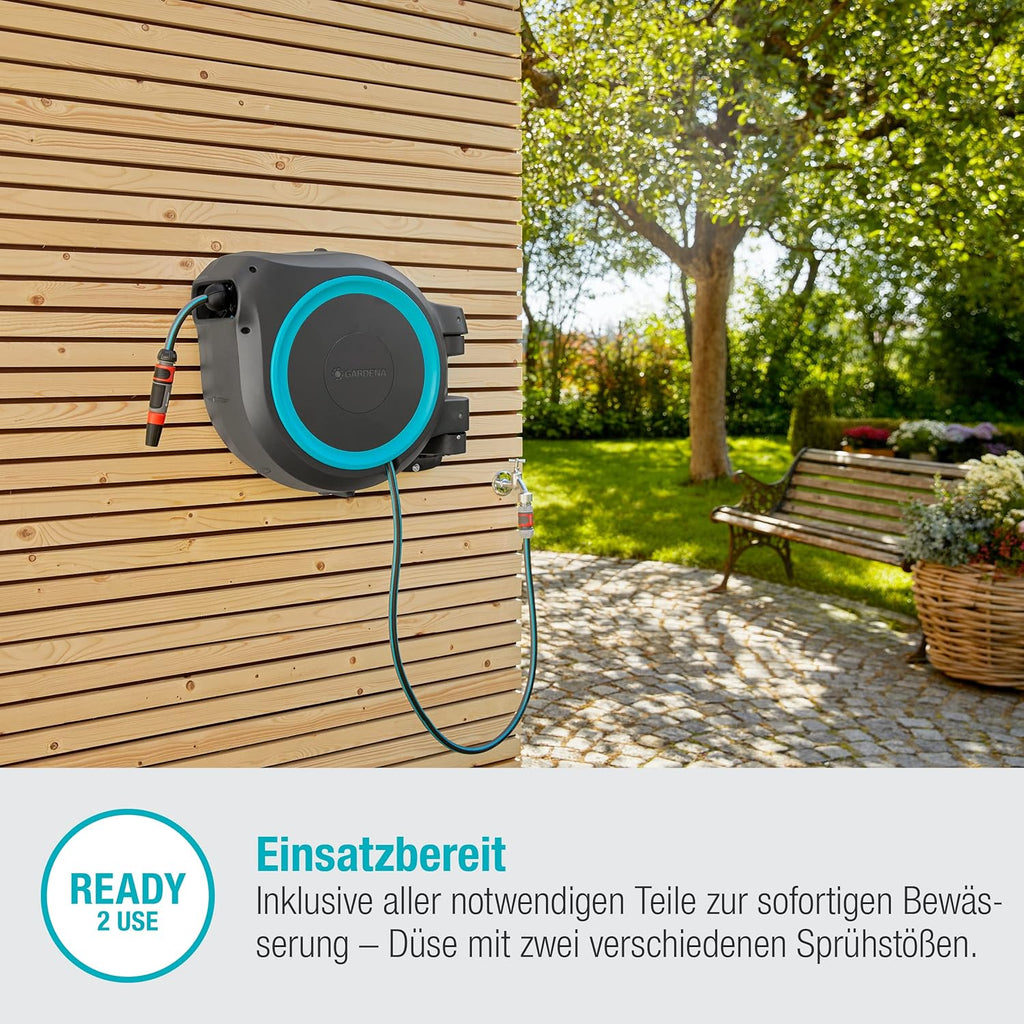 Gardena Caja portamanguera de pared RollUp XL (turquesa) 35 m: riego flexible para jardines grandes, caja portamanguera orientable, incluye manguera de calidad Gardena de 35 m y ayuda de montaje (18630-20), negro