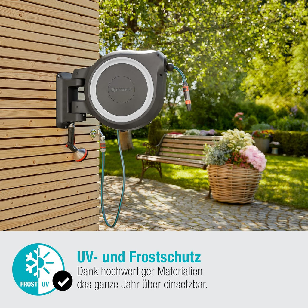 Caja portamanguera de pared Gardena RollUp XL 35 m, exclusiva para Amazon: riego flexible para jardines grandes, caja portamanguera giratoria, incluye manguera de calidad de 35 m con lanza y boquilla de limpieza (18632-60)