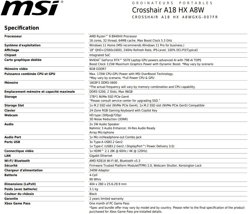 MSI Crosshair A18 HX A8WGKG-007FR : AMD Ryzen 9 8940HX - 32GB DDR5 (2x16GB) - SSD 1TB NVMe PCIe - Nvidia RTX 5070 8GB GDDR7-18' QHD+ (2560 * 1600) 240Hz - Windows 11 Home