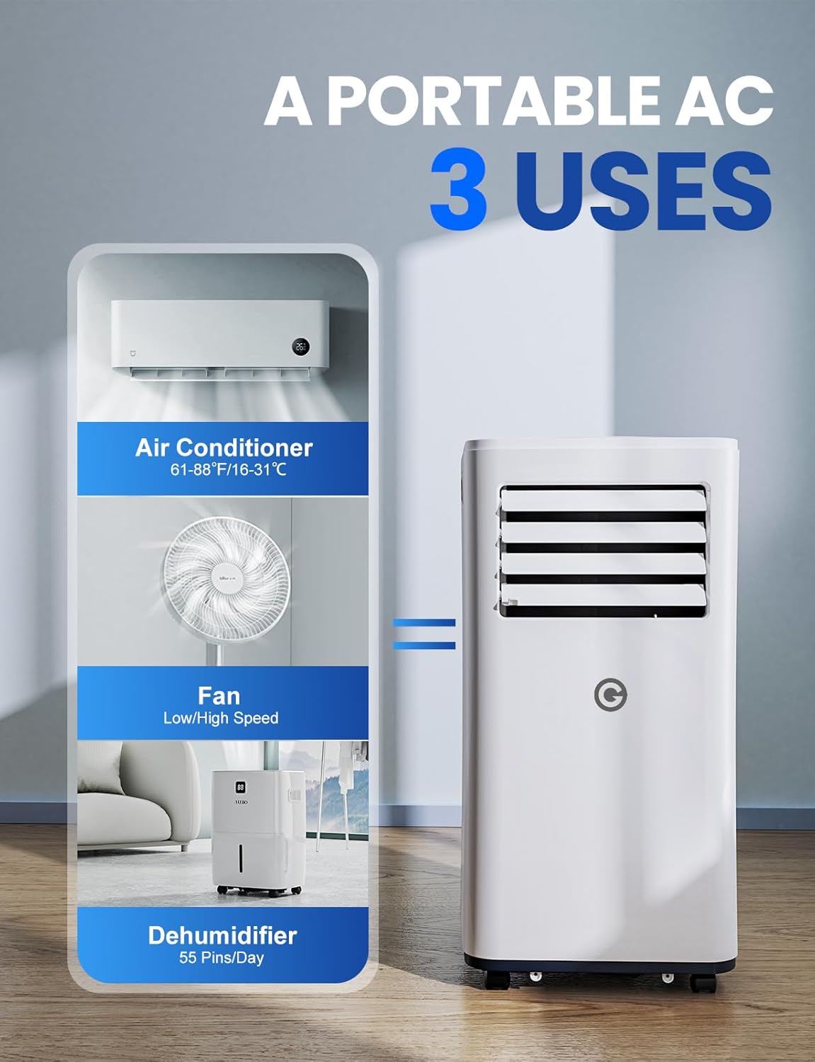 Aire acondicionado portátil de 9000 BTU, 4 en 1: refrigeración, ventilador, deshumidificador y modo sueño, silencioso, con mando a distancia, temporizador de 24 h y kit de ventana, para dormitorio, oficina, garaje, 33 m²