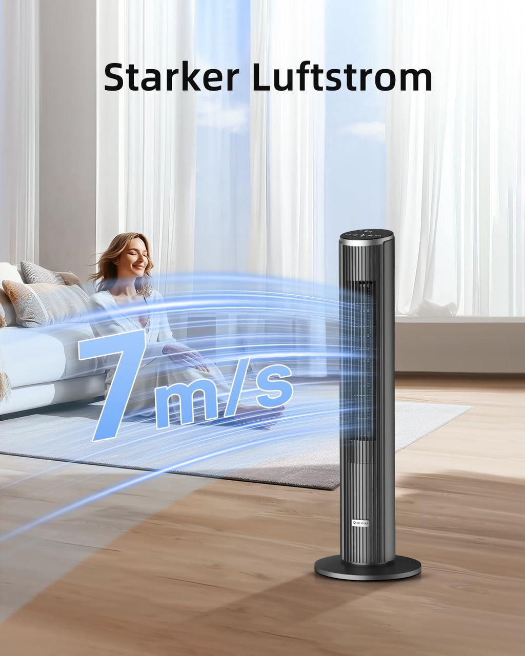 Ventilador de torre silencioso Ateroll para dormitorio, ventilador de pie con control remoto, oscilación de 90°, 4 velocidades, 3 modos, temporizador de 12 h, pantalla LED, ventilador eléctrico de refrigeración de 91 cm, negro