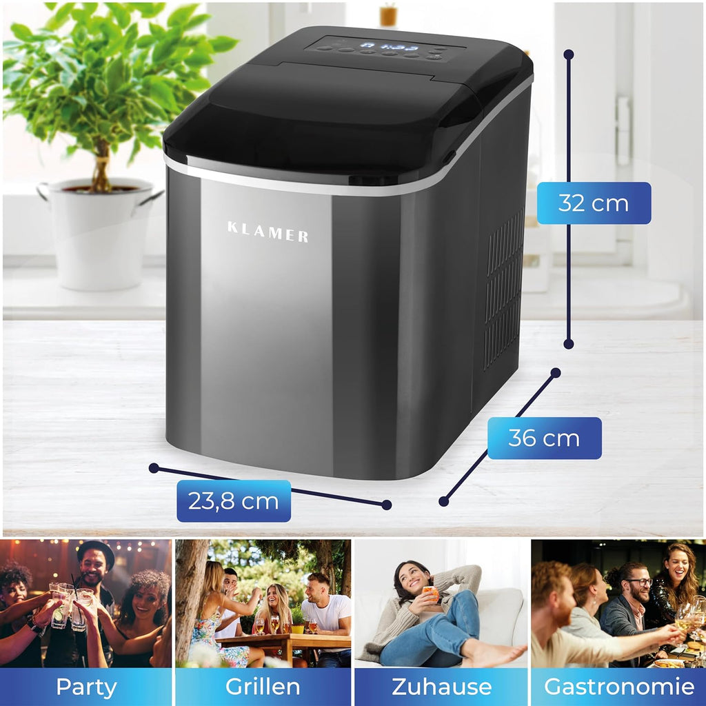 Máquina de hielo KLAMER pequeña con pala para hielo y 2 tamaños de cubitos - 10 cubitos en solo 7 min, 15 kg de hielo al día - máquina de hielo silenciosa con temporizador (negro)