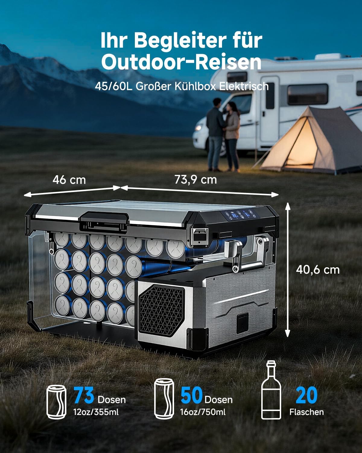 Nevera portátil de compresor AAOBOSI 45L de doble zona hasta -20℃, carcasa de acero inoxidable e interior de aluminio, 12/24V CC y 230V CA, nevera de compresor para coche, barco, camping y todoterreno