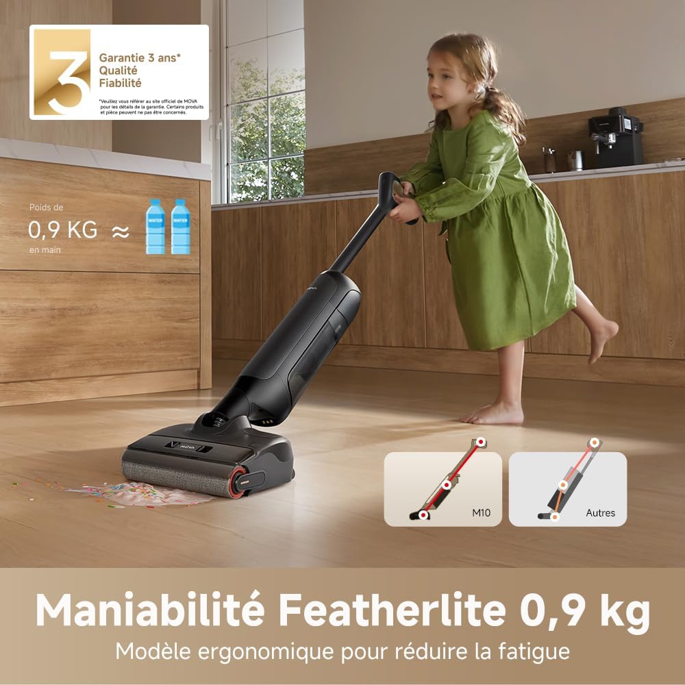 Aspirador en seco y húmedo Mova M10, alcance plano de 180°, flexible y giratorio 90°, peso de 0,9 kg en mano, autolimpieza de cepillo a 75 °C + secado con aire caliente en 5 min, antienredos, succión de 18 kPa