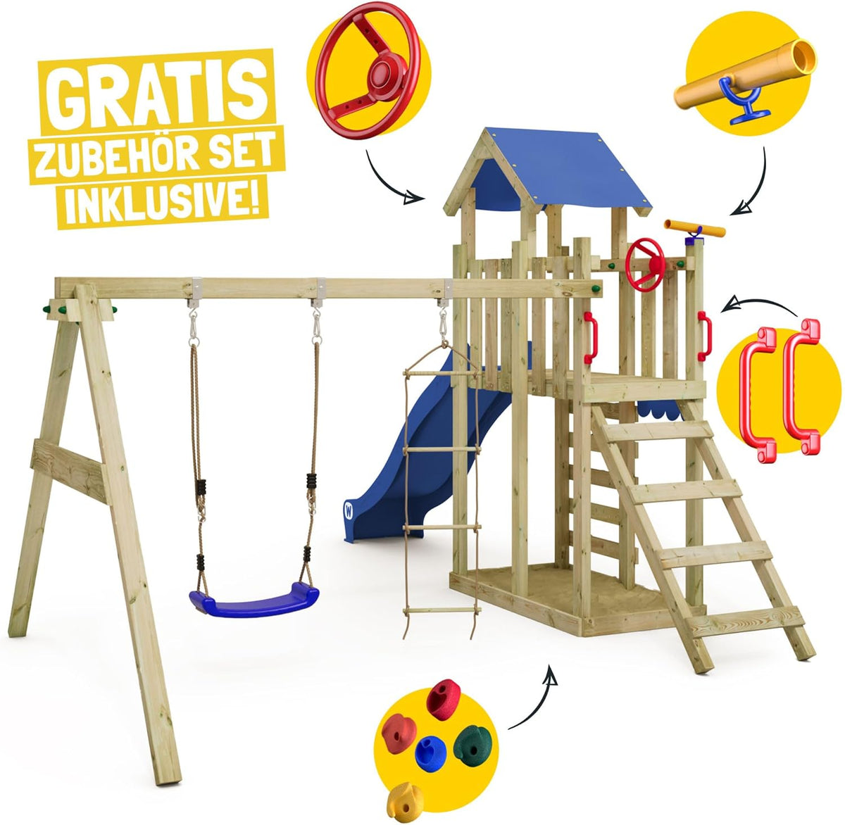 Torre de juegos Wickey MultiFlyer Light, columpio y tobogán verde pastel, torre de escalada infantil para exterior con arenero, escalera y accesorios de juego para el jardín