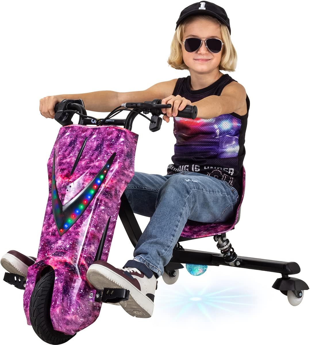 Actionbikes Motors Patinete Eléctrico Infantil para Derrapes | Motor de 𝟐𝟓𝟎 W - Carrito de Derrape 360° - 3 Niveles de Velocidad - Iluminación LED - Asiento Ajustable - Bluetooth - Kart de Derrape - Coche de Derrape (Space Purple)