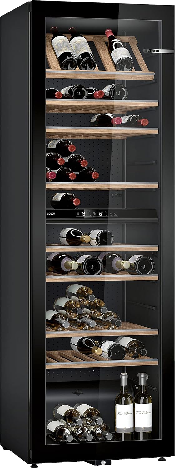 Bodega climatizada Bosch KWK36ABGA Serie 6, 186 x 60 cm, 199 botellas, temperatura: 5-20 °C, dos zonas de temperatura, 405 l, iluminación LED uniforme, luz de presentación desconectable