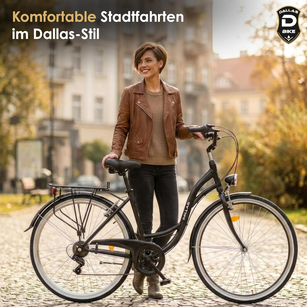Bicicleta de 28 pulgadas - Cómoda bicicleta urbana para hombre y mujer - con cambio Shimano de 7 velocidades - Cuadro bajo confortable para ciudad y desplazamientos - Dallas City - Negro