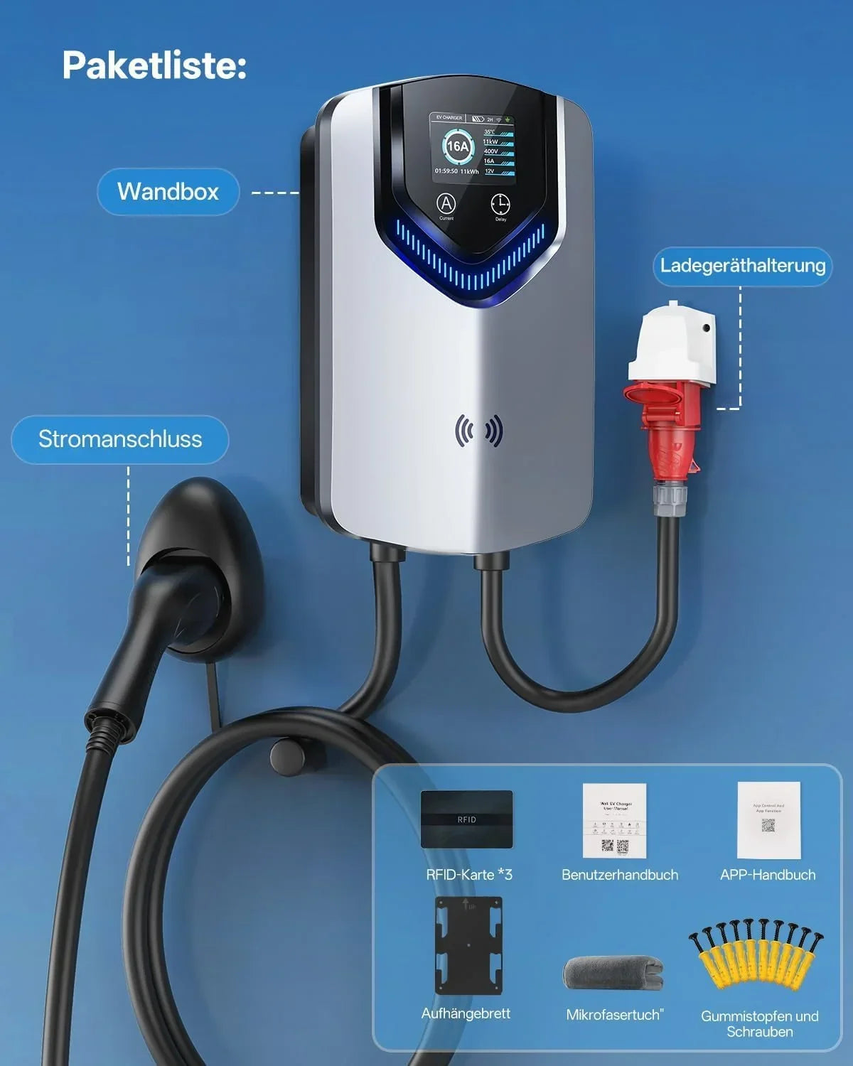 Cargador Wallbox para carga mediante APP, RFID, 11 kW, 400 V, 6-16 A, tipo 2, estación de carga para VE, cable de 8 m con soporte para cable