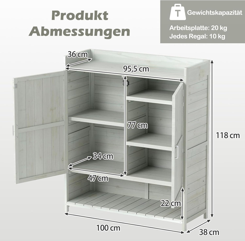 Mesa de cultivo COSTWAY para exterior resistente a la intemperie, mesa de jardinería de madera, mesa para plantas con armario inferior, cubo de basura y estante ajustable, mesa de jardín para patio y terraza, 102 x 43,5 x 152 cm, natural