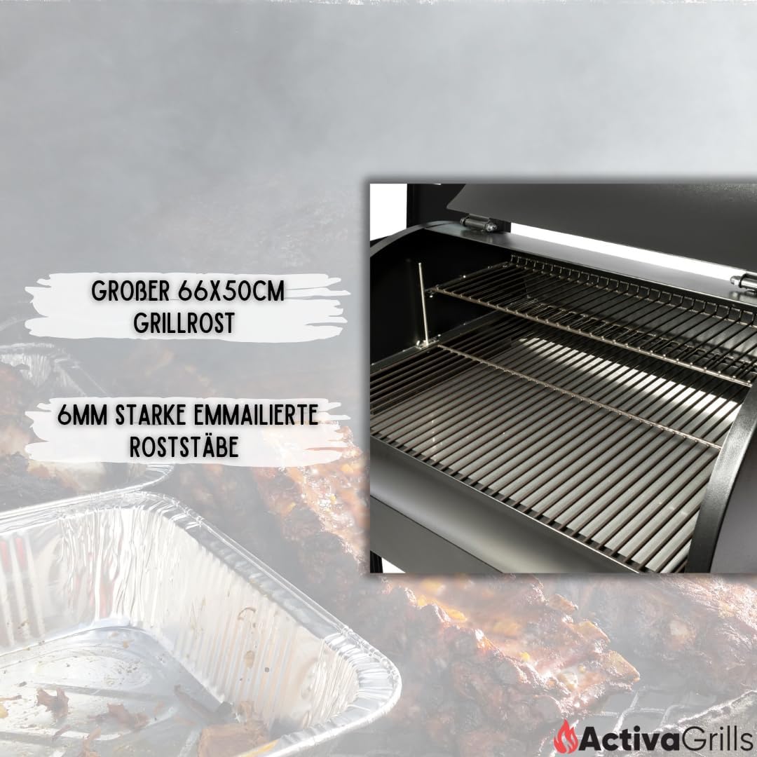 Ahumador de pellets ACTIVA El Paso I Ahumador con alimentación automática de pellets y termómetro I Parrilla de acero inoxidable para barbacoa y ahumado