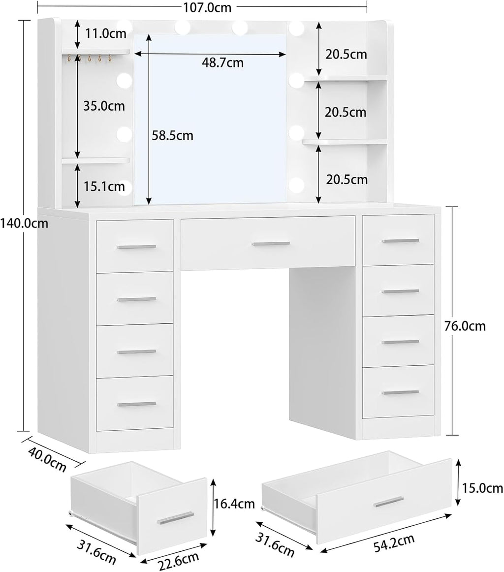 Tocador grande TEENFON con iluminación LED y enchufes, tocador con espejo, 4 estantes abiertos y 5 ganchos para joyas para el dormitorio, blanco, tocador con 9 cajones