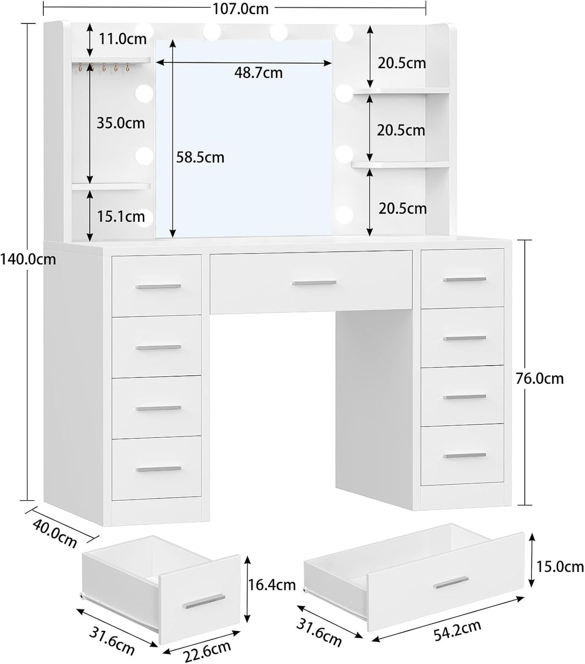 Tocador grande TEENFON con iluminación LED y enchufes, tocador con espejo, 4 estantes abiertos y 5 ganchos para joyas para el dormitorio, blanco, tocador con 9 cajones