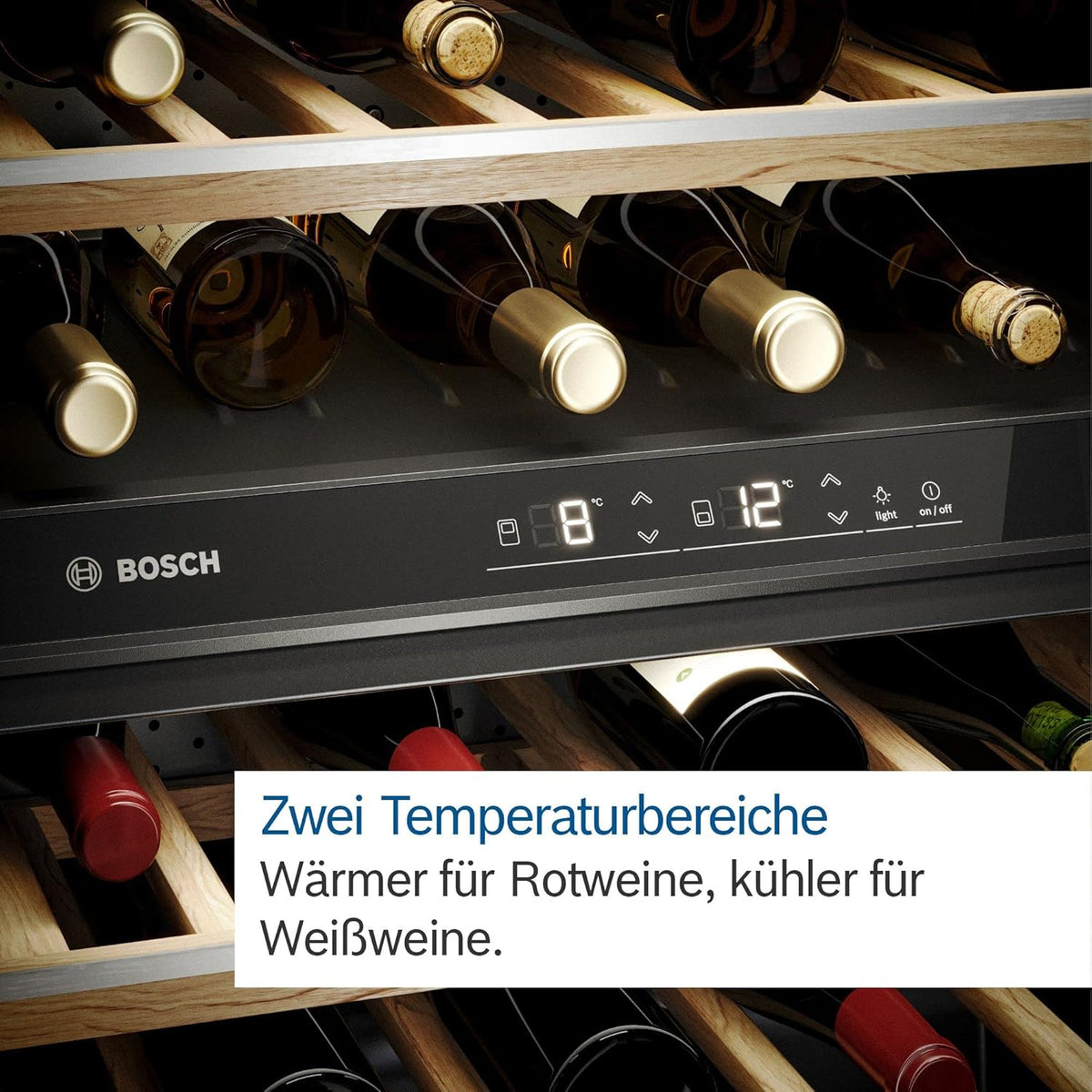 Bodega climatizada Bosch KWK36ABGA Serie 6, 186 x 60 cm, 199 botellas, temperatura: 5-20 °C, dos zonas de temperatura, 405 l, iluminación LED uniforme, luz de presentación desconectable