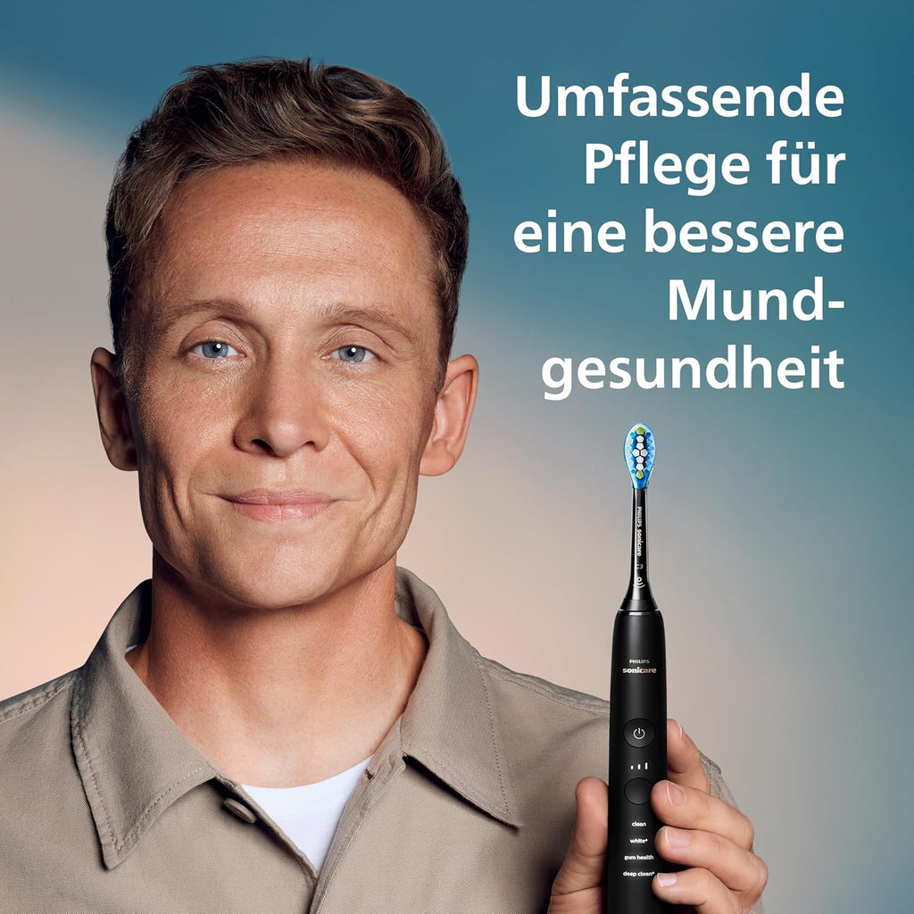 Cepillo de dientes eléctrico Sonicare DiamondClean 9000, cepillo sónico con aplicación, sensor de presión, 4 modos de limpieza, 3 niveles de intensidad, vaso de carga, negro y oro rosa, paquete de dos, modelo HX9914/57