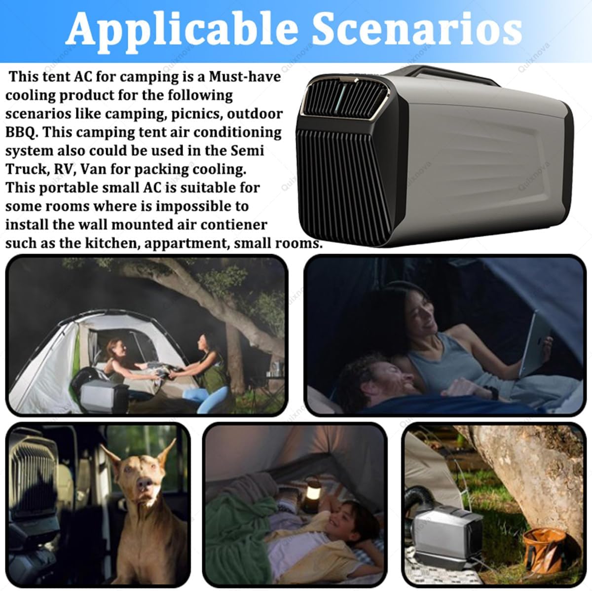 Aire acondicionado portátil para tiendas de campaña con 5200 BTU para camping, interiores y exteriores, aire acondicionado silencioso para camiones, caravanas y mascotas: enfría hasta 8–10 m² (86–107 pies cuadrados) B-24V