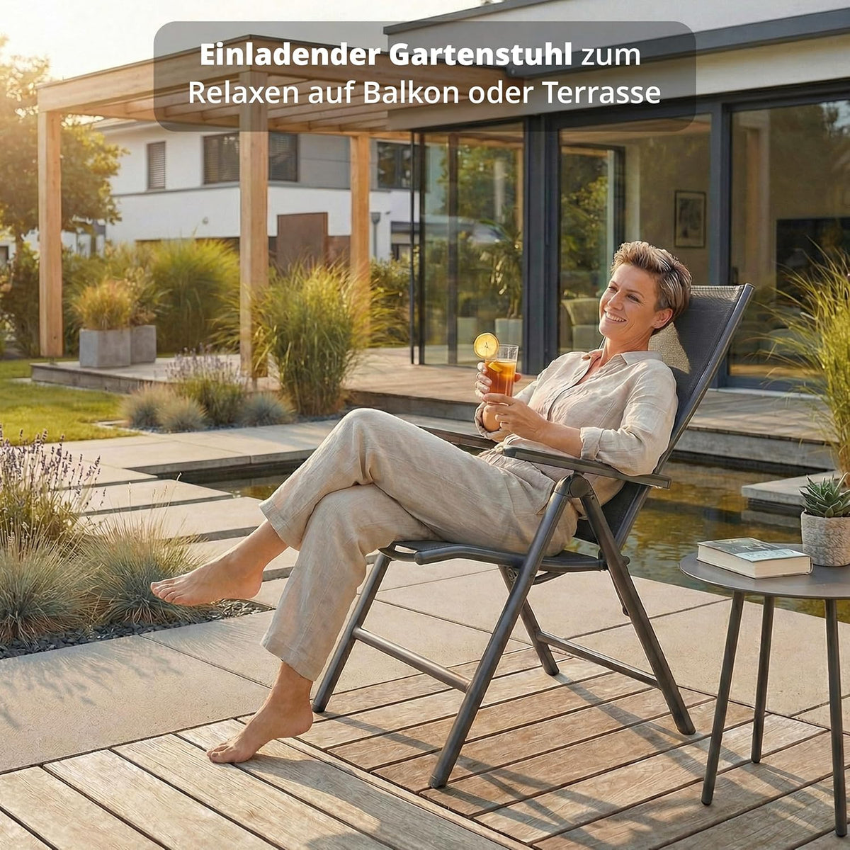 Set de 4 sillas de jardín de respaldo alto KHG, silla plegable de aluminio, respaldo ajustable en 8 posiciones con reposabrazos, gris antracita resistente a la intemperie e inoxidable, soporta 120 kg, silla de balcón, premontada, tejido sintético
