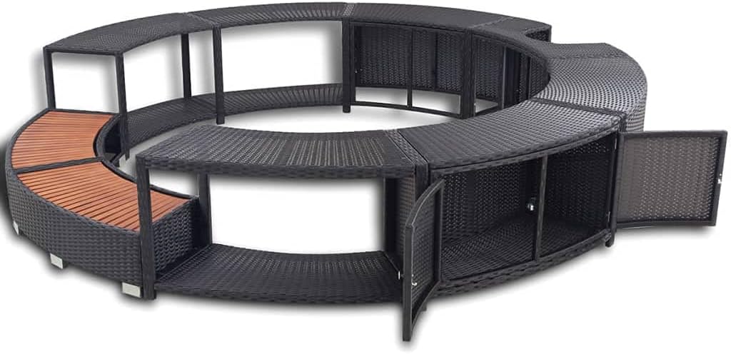 Hommdiy - Borde con almacenamiento para jacuzzi, spa y piscina, borde de piscina de poliratán negro, madera dura, redondo, acero con recubrimiento en polvo, negro, publicidad de piscina, 41454110