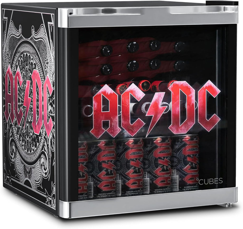 Mininevera °CUBES AC/DC de 48 L – Refrigerador de bebidas con puerta de cristal y sentido de apertura reversible | Silencioso y eficiente energéticamente (39 dB) | Perfecto para bar, oficina y gaming | Diseño icónico para fans del rock