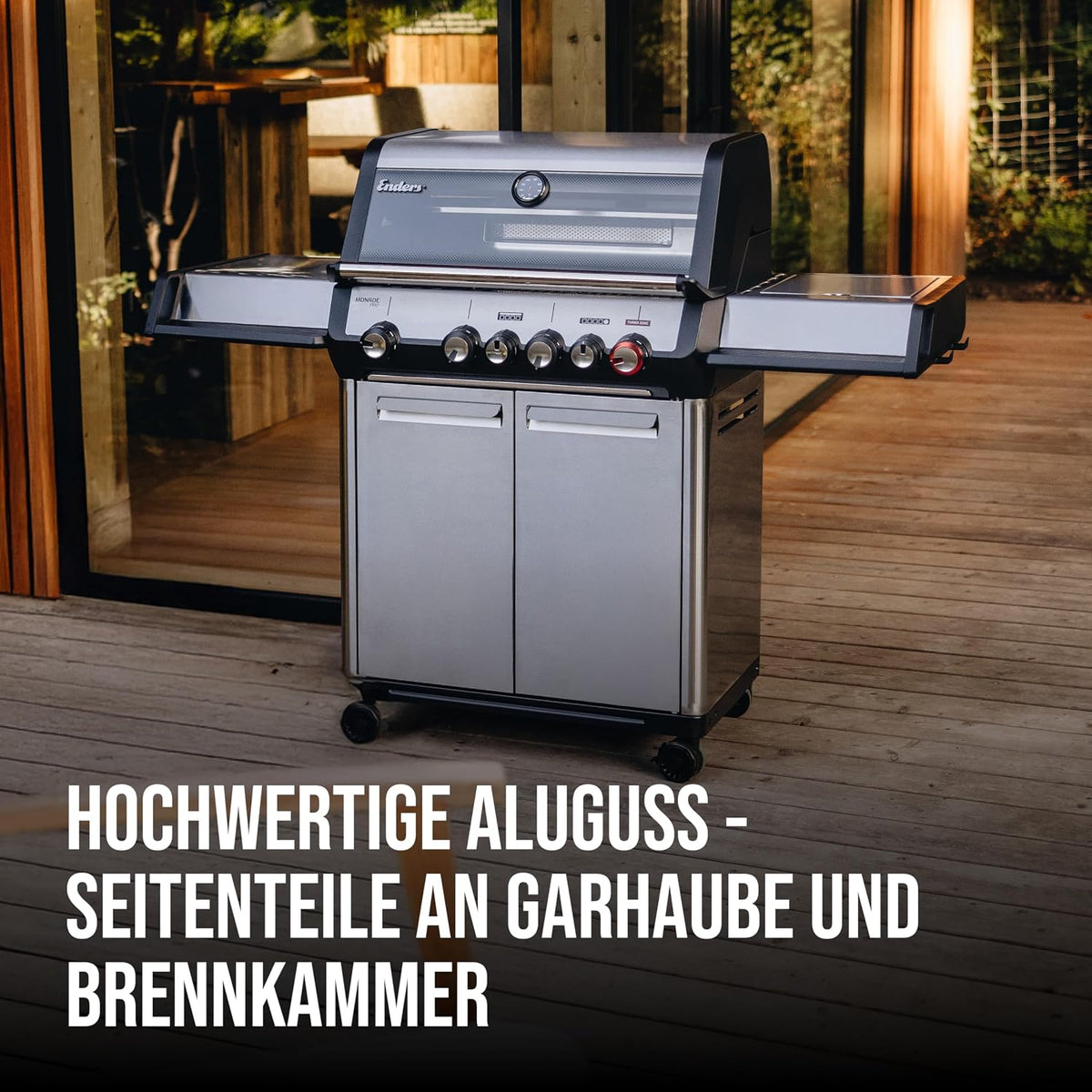 Barbacoa de gas Enders® MONROE PRO 4 SIKR TURBO, 4 quemadores de acero inoxidable, hornillo lateral, quemador trasero por infrarrojos, ventana de visualización, HEAT RANGE™, SWITCH GRID™, 800 °C TURBO ZONE™, SIMPLE CLEAN™, #8362