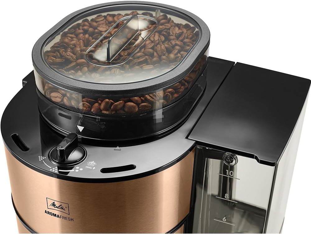 Melitta AromaFresh - Cafetera de filtro - con jarra de cristal - molinillo integrado - función de temporizador - 10 tazas - Negro puro
