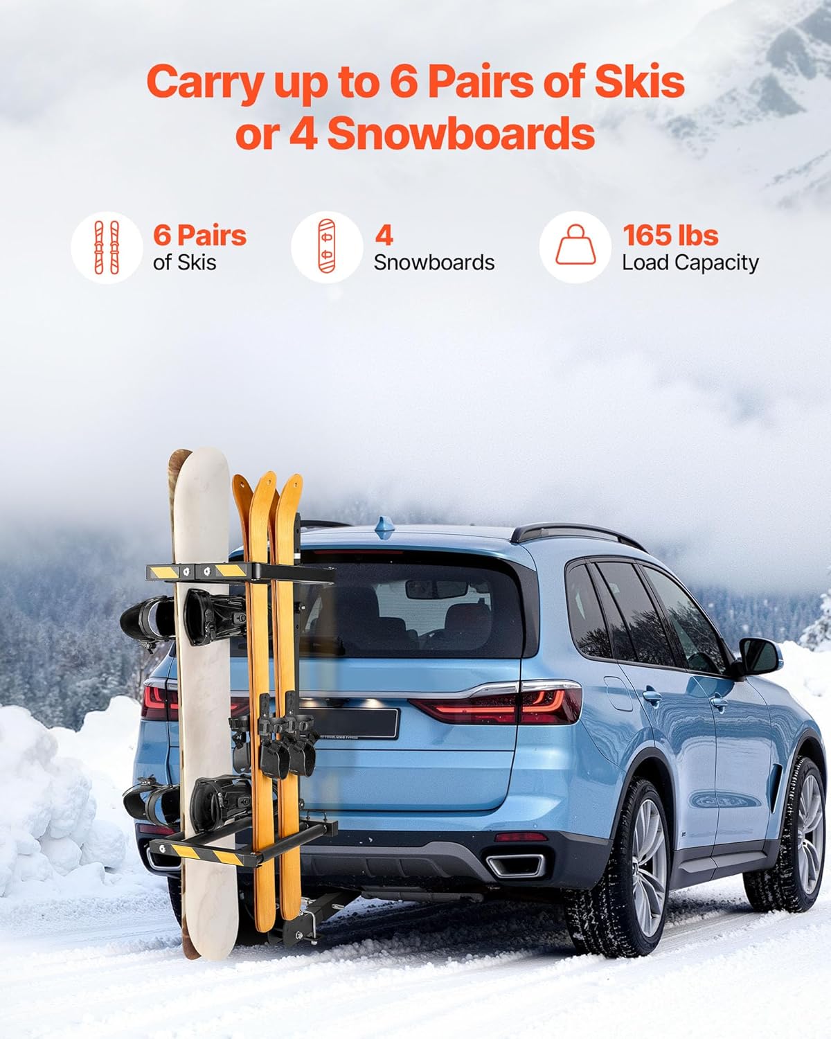 Portaesquís de remolque plegable VEVOR, compatible con receptor de 5 cm, soporte ajustable para tablas de snowboard, capacidad para 6 pares de esquís o 4 tablas, con cerradura, correa de seguridad, acceso inclinable
