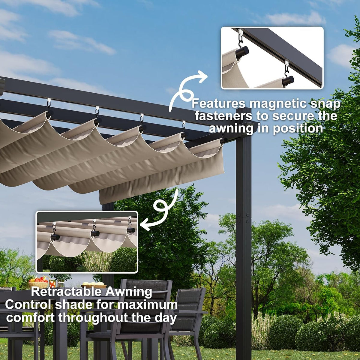 Pérgola de aluminio JUMMICO 3x3m, impermeable, estable y resistente al invierno, cenador de jardín con techo corredero y pared lateral, protección solar para jardín, terraza y balcón, protege del sol y la lluvia, duradera, beige