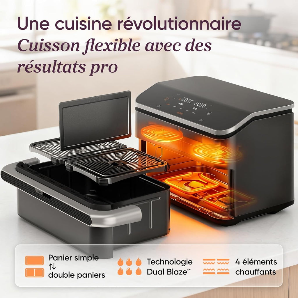 Freidora de aire COSORI Twinfry de 10L, freidora sin aceite con doble resistencia, Airfryer de zona dual con separador extraíble, 5 en 1, gran capacidad, cocción óptima, 40℃-240℃, control inteligente mediante App
