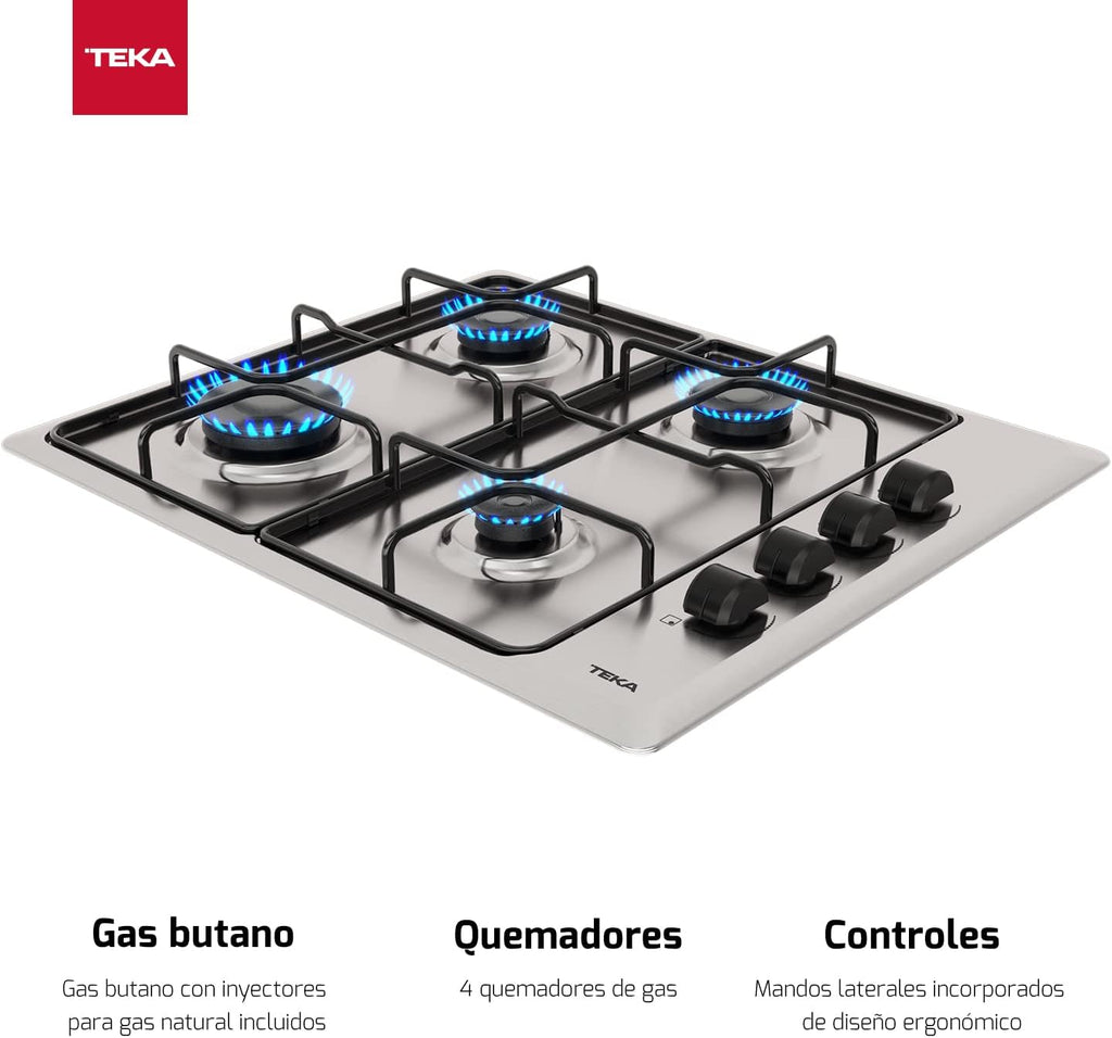 Placa de gas butano TEKA, 60 cm, 4 fuegos, mandos ergonómicos, seguridad por termopar, parrillas esmaltadas, HLX 640 KL