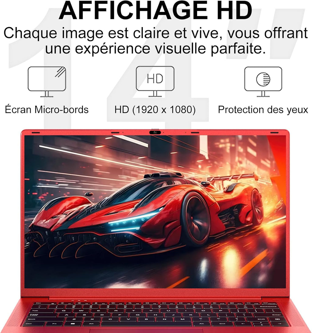 Ordenador portátil de 14 pulgadas Celeron N5095 hasta 2,9 GHz, PC portátil Win11, 8 GB de RAM, SSD de 256 GB, ampliación a 1 TB, portátil con ratón inalámbrico, teclado QWERTY con membrana de teclado AZERTY - Rojo metalizado-1