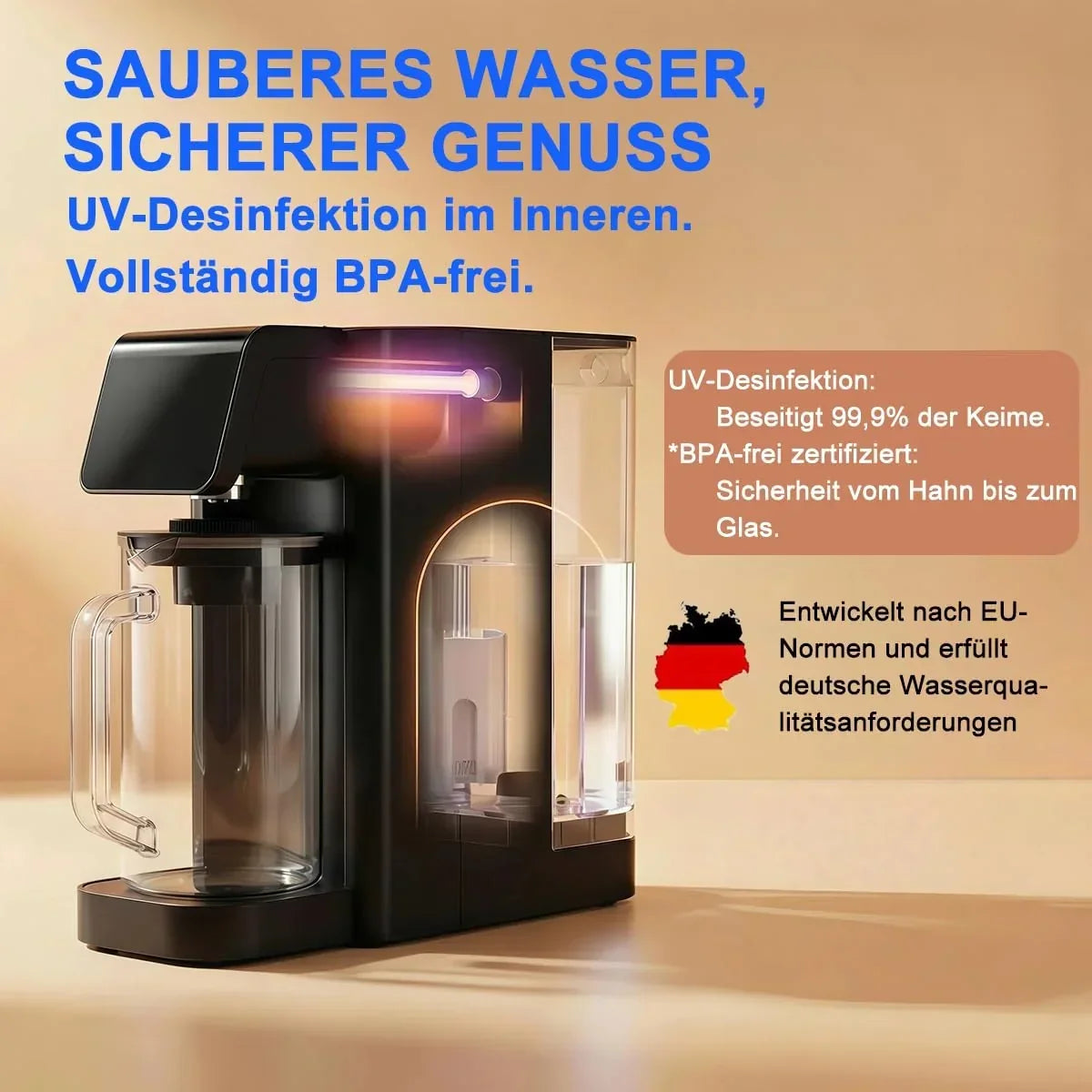 Filtro de agua de mesa Ecoviva UV RO de 8 etapas con dispensador de agua caliente y monitor TDS, sin instalación, para oficina, camping y hogar