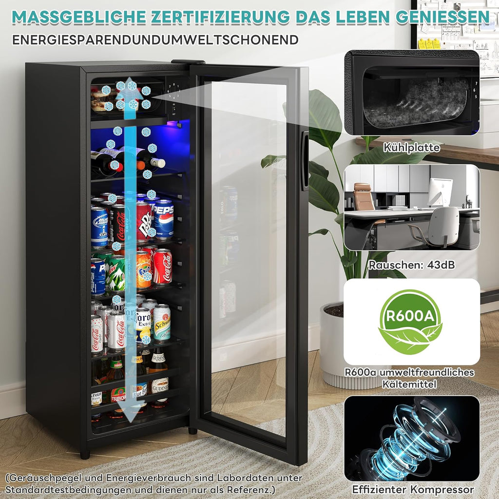 Refrigerador Merax de 128L, enfriador de bebidas independiente con refrigerador de 120L + congelador de 8L, con iluminación interior LED y estantes ajustables, súper silencioso para restaurante, bar, bebidas y cerveza