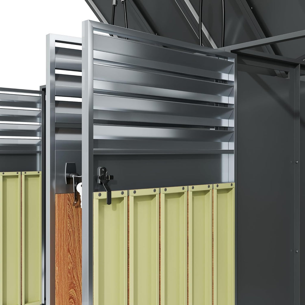 Cubo para 4 contenedores de basura de hasta 240 L con tapa abatible, ventilación con lamas, compartimentos de almacenamiento de basura, cerradura, dos puertas, caseta para jardín, revestimiento para cubos de basura, 4 contenedores