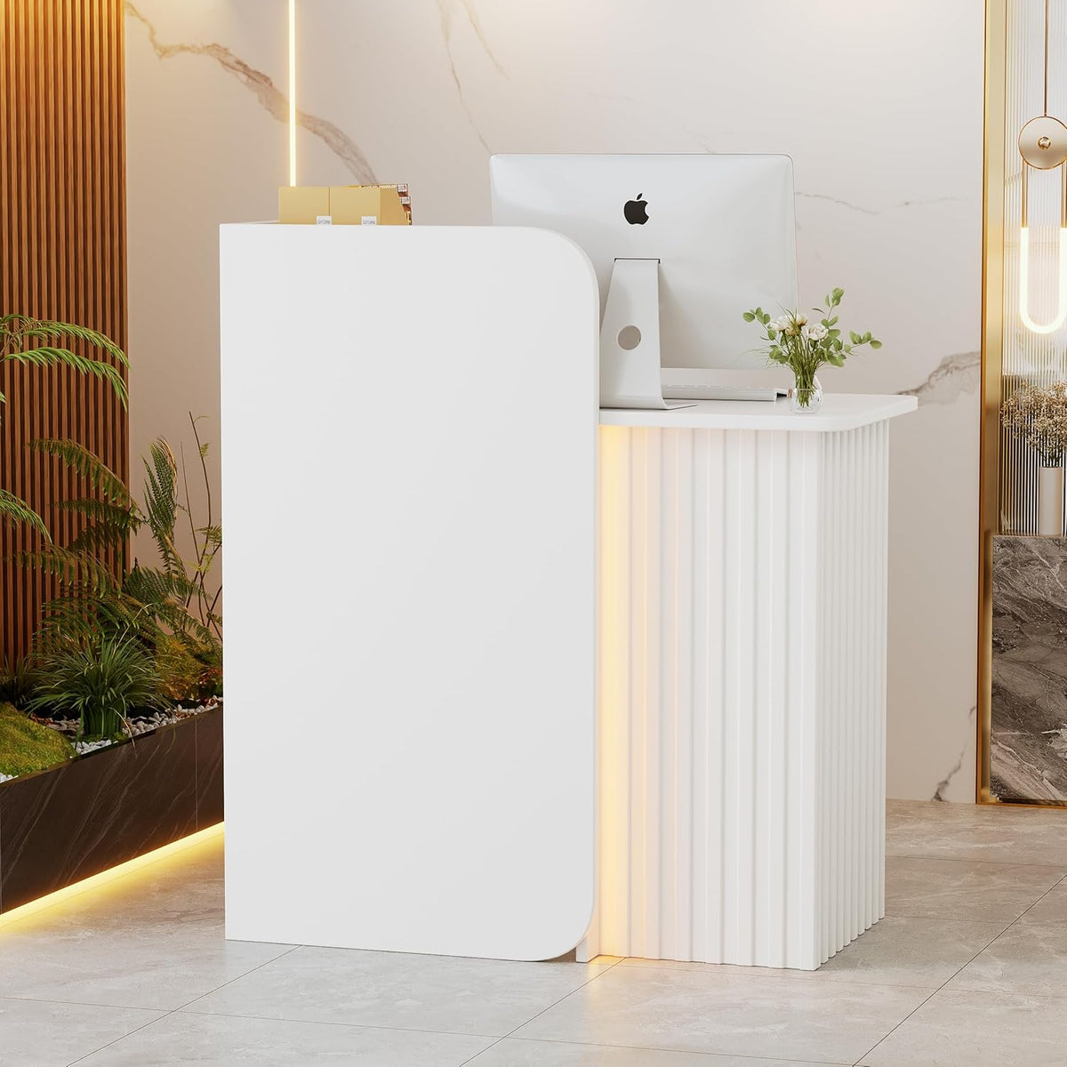 Mostrador de recepción con tira de luz LED, escritorio de recepción pequeño con cajones con cerradura, mueble de recepción moderno, mesa de recepción, mostrador frontal compacto para salón, negocio, hotel y oficina, 44x80x100 cm