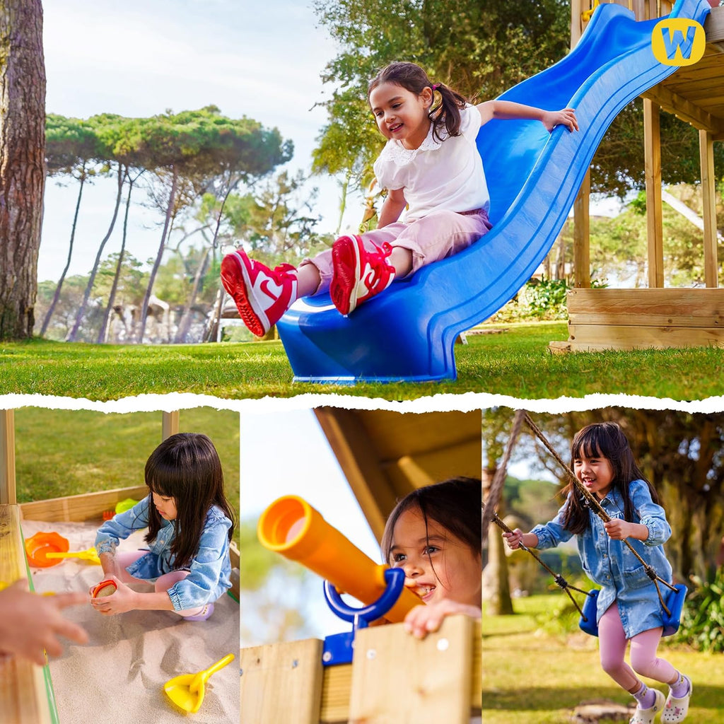 Torre de juegos con columpio y tobogán azul SeaFlyer de WICKEY, torre de escalada para niños al aire libre con arenero, escalera y accesorios de juego para el jardín