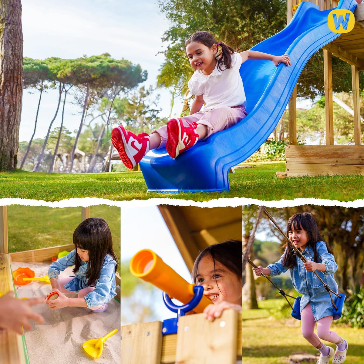 Torre de juegos con columpio y tobogán azul SeaFlyer de WICKEY, torre de escalada para niños al aire libre con arenero, escalera y accesorios de juego para el jardín