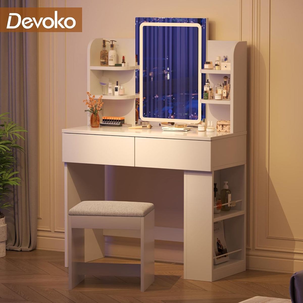 Tocador Devoko con espejo, mesa de maquillaje con espejo LED de brillo ajustable, tocador con taburete, 2 cajones, 4 estantes, moderno, 90 x 40 cm, blanco