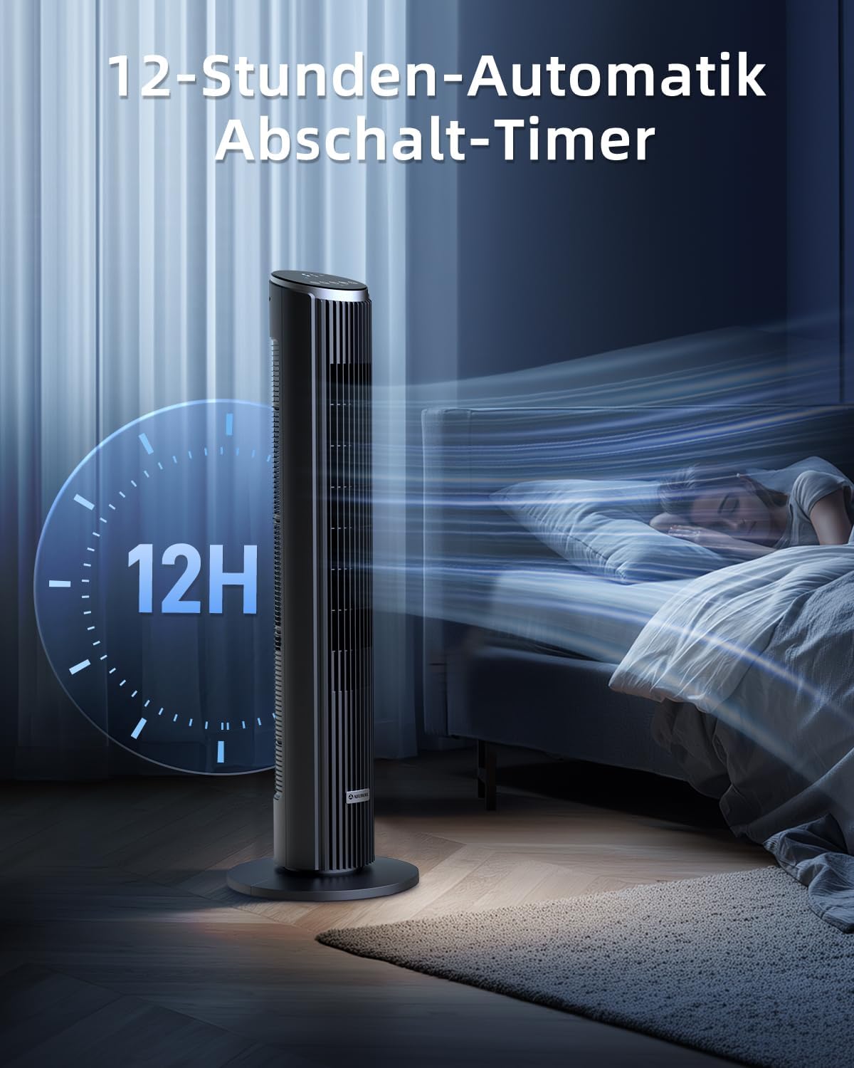 Ventilador de torre silencioso Ateroll para dormitorio, ventilador de pie con control remoto, oscilación de 90°, 4 velocidades, 3 modos, temporizador de 12 h, pantalla LED, ventilador eléctrico de refrigeración de 91 cm, negro