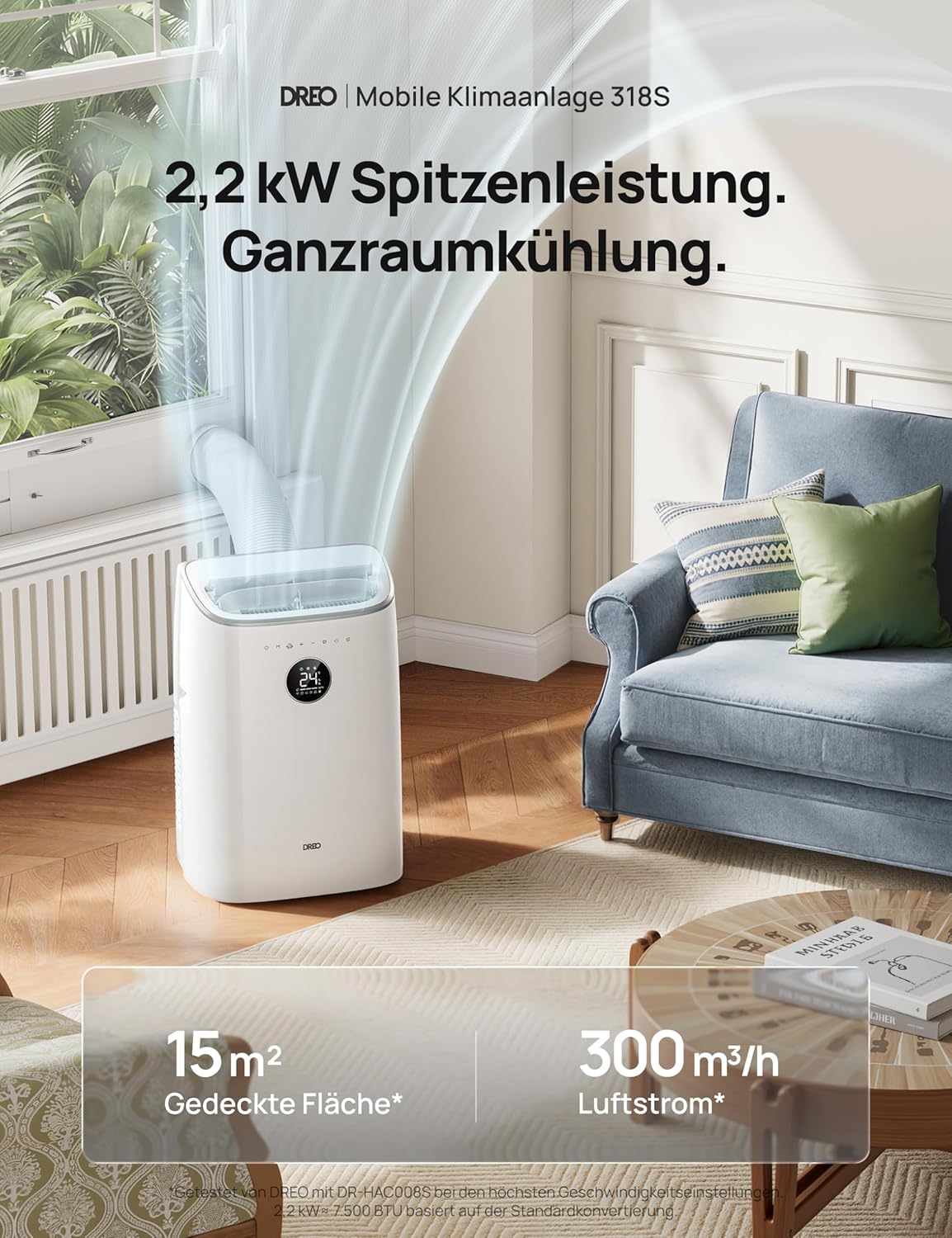 Aire acondicionado portátil DREO, 7.500 BTU, unidad móvil para dormitorio y oficina, 3 en 1: refrigeración/ventilación/deshumidificación, control por aplicación/voz/mando a distancia, sin drenaje, kit de ventana, 2,5 L/h, AC318S