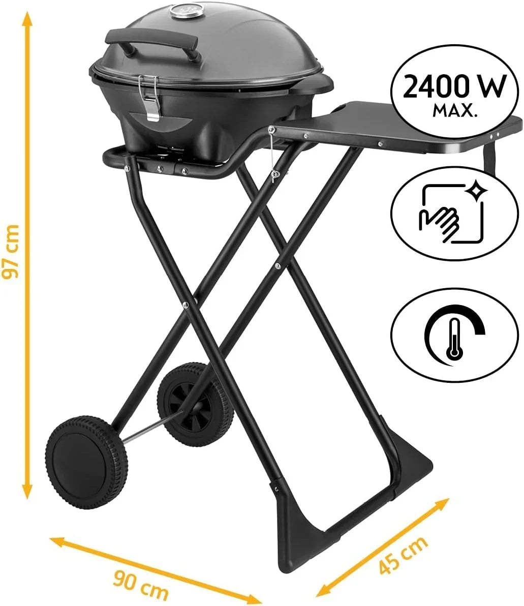 Parrilla eléctrica 2 en 1 de mesa y de pie, 2400 W, con tapa, termómetro, bandeja de goteo y carro con ruedas