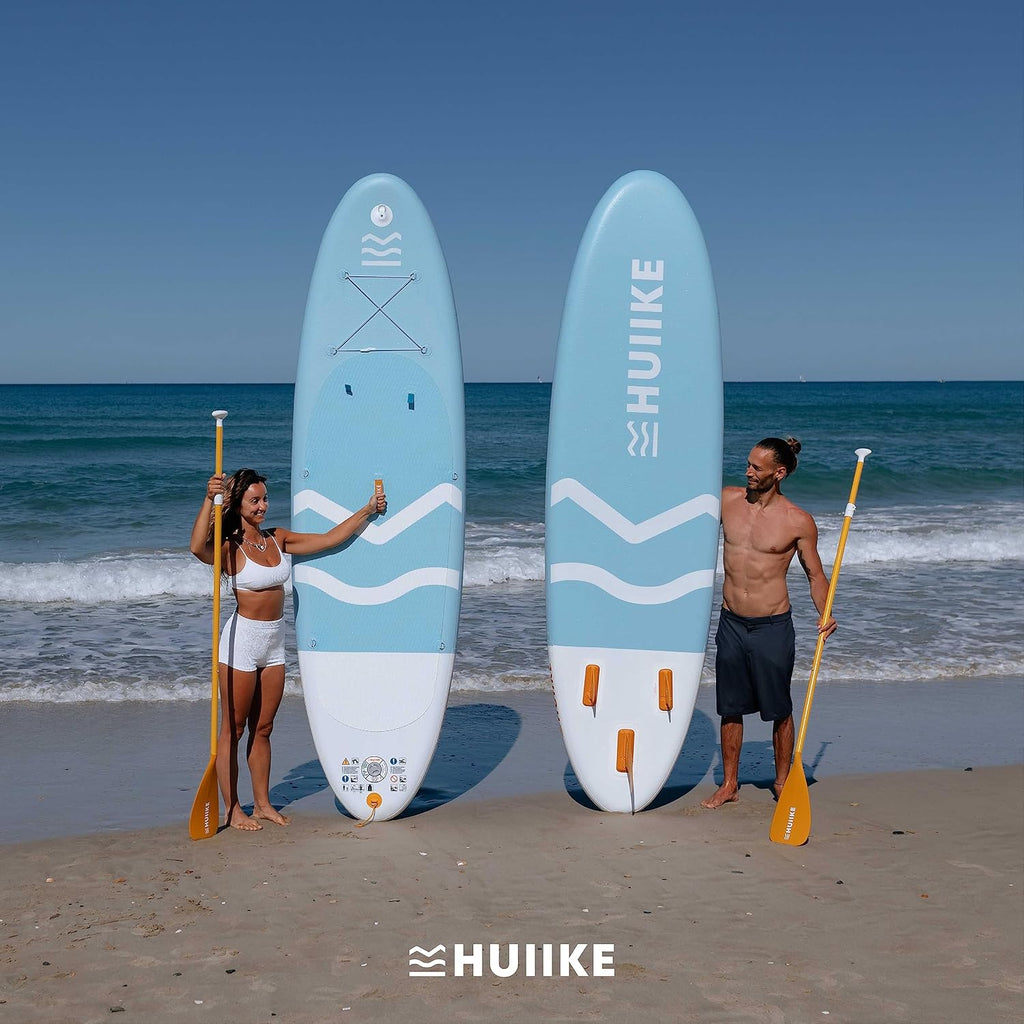 Tabla de Stand Up Paddle HUIIKE con accesorios, remo, aletas, correa, bomba y mochila. Tabla de SUP inflable de gran estabilidad y resistencia. Convertible en kayak, 305-365 cm, soporta 130-170 kg.