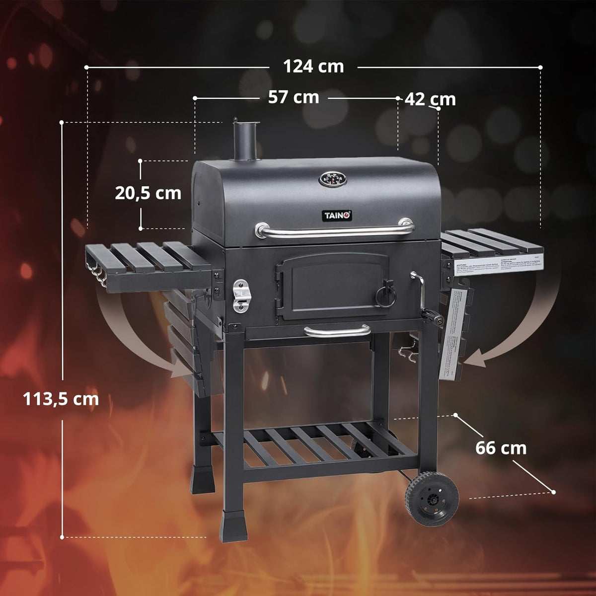 TAINO HERO XL Barbacoa ahumadora, carro grill, barbacoa de carbón, chimenea de exterior, barbacoa de pie, ahumador, accesorios