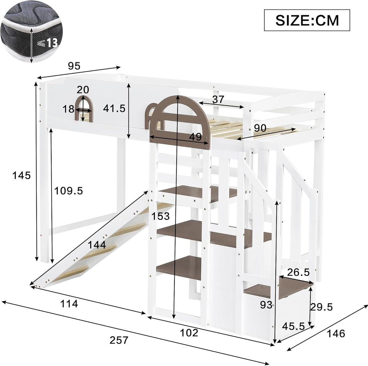 Kinderbett Etagenbett 90x200,Hausbett Hochbett mit Rutsche&Regal&Stauraum Treppe,Bettgestell mit Rausfallschutz&Lattenrost, Funktionsbett Stockbett Spielbett Jugendbett,Kiefernholz,Ohne Matratze,Weiß