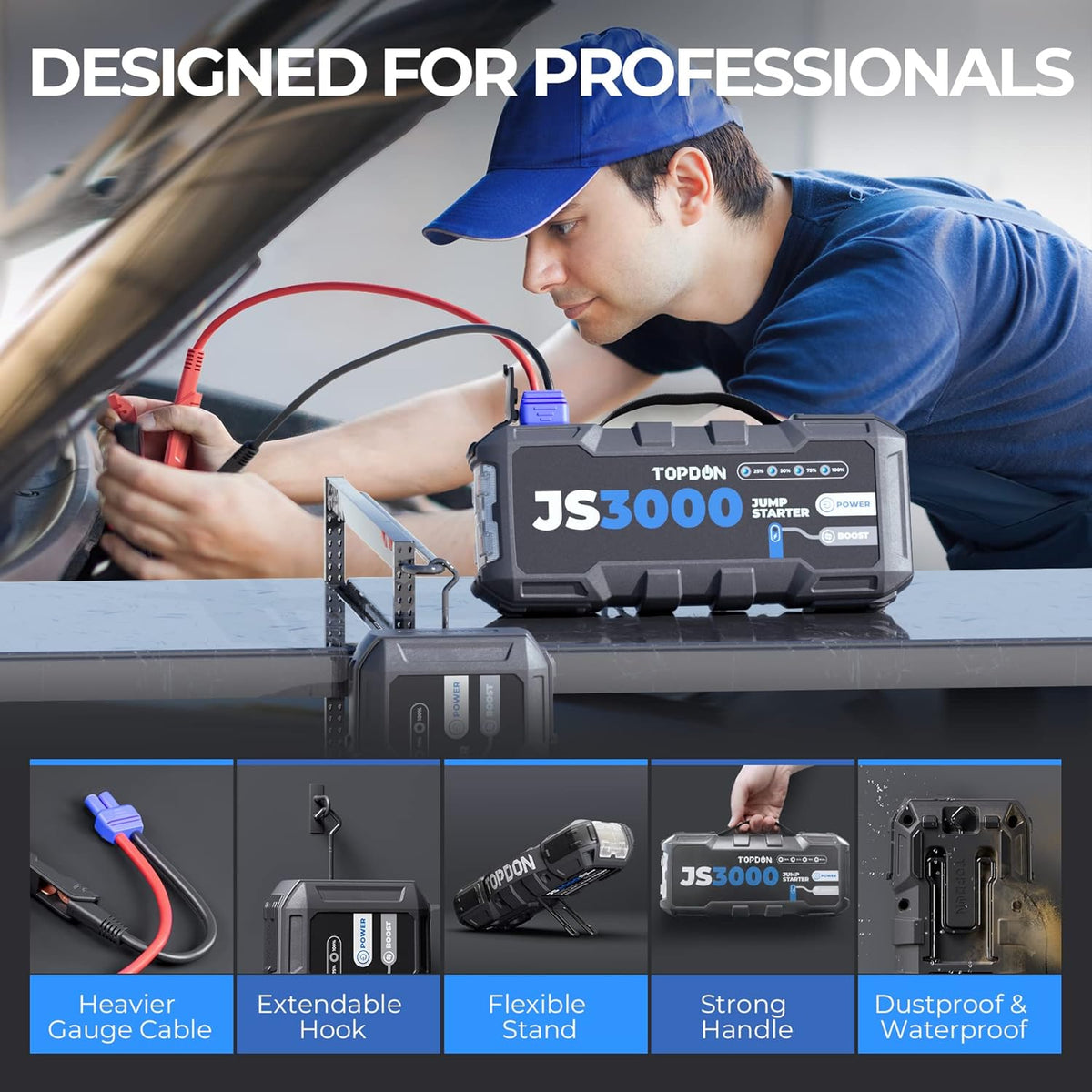 TOPDON Arrancador de batería, JS3000 Arrancador de coche 3000A/24000mAh para motores diésel de hasta 9 L y de gasolina de 7 L, carga rápida USB, linterna LED integrada